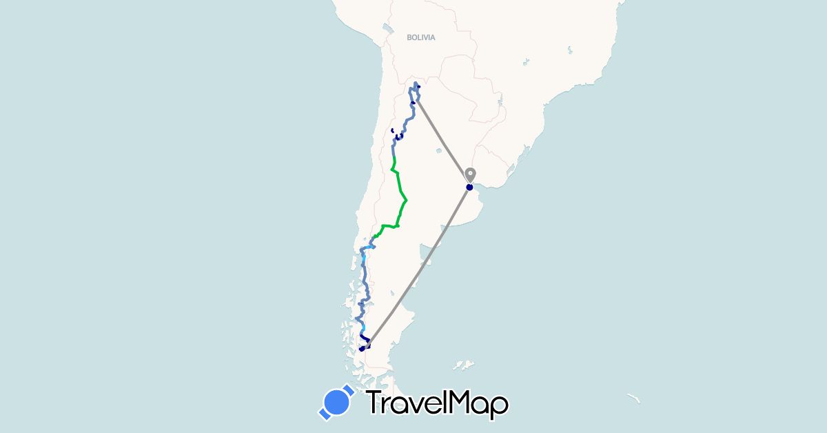 TravelMap itinerary: driving, bus, plane, cycling, hiking, boat in Argentina, Chile (South America)